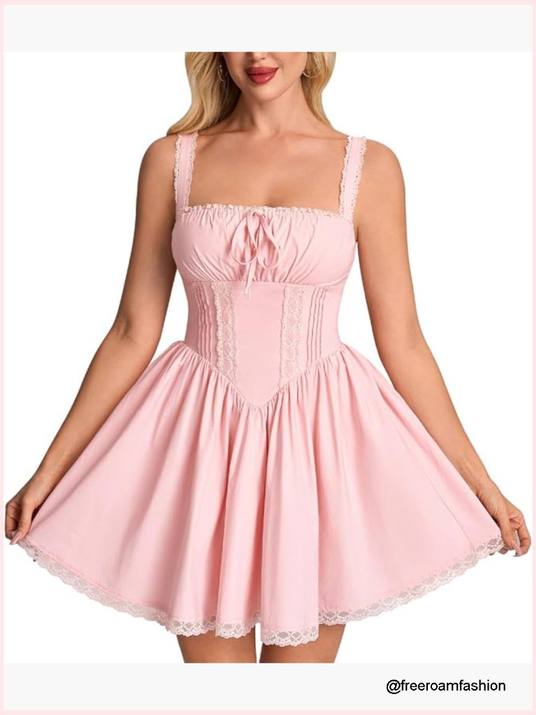 Women's Square Neck Corset A-Line Mini Sundress Lace Up Backless Party Dress